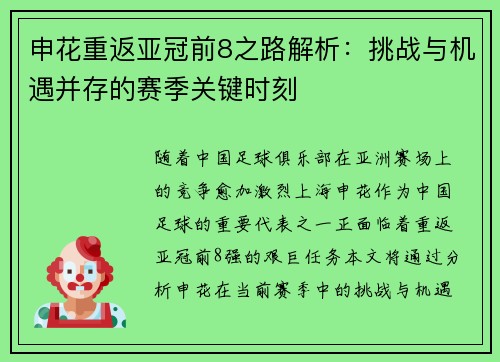 申花重返亚冠前8之路解析:挑战与机遇并存的赛季关键时刻 申花重返亚冠前8之路解析:挑战与机遇并存的赛季关键时刻
