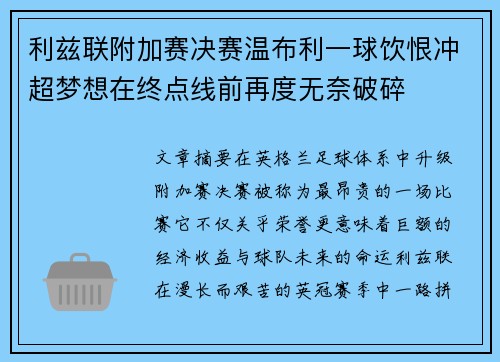 利兹联附加赛决赛温布利一球饮恨冲超梦想在终点线前再度无奈破碎 利兹联附加赛决赛温布利一球饮恨冲超梦想在终点线前再度无奈破碎